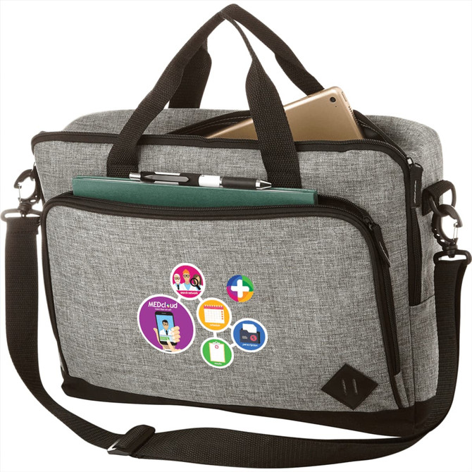 A grey laptop briefcase with black accents, featuring multiple pockets and a carrying strap. It has logos displayed on the front.