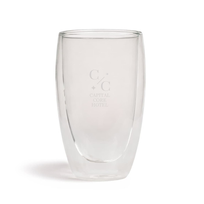 A glass cup with a double wall design, featuring a frosted finish and a logo. Clear and elegant in appearance.