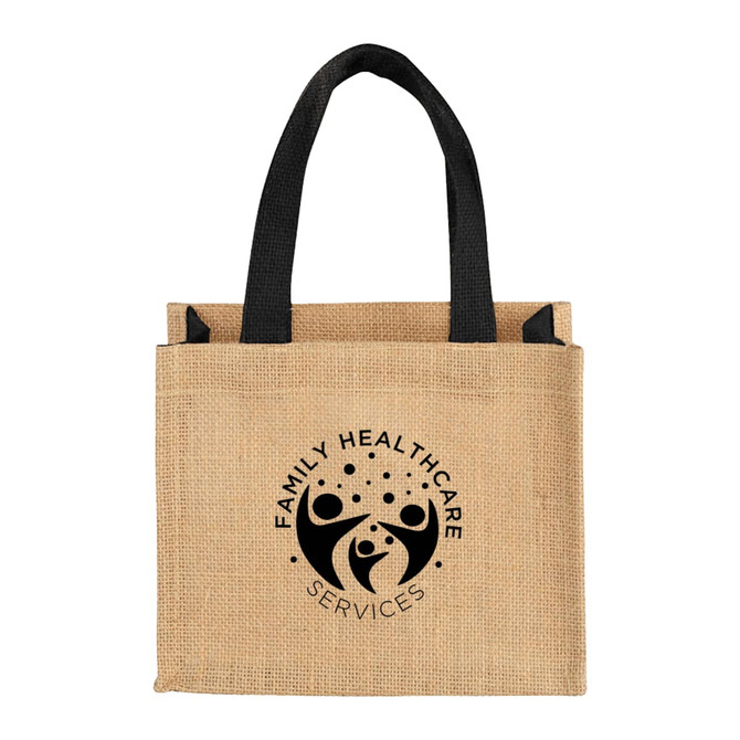 A beige jute tote bag with black handles, featuring a logo on the front.