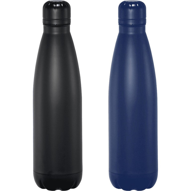 A drink bottle featuring a sleek design in black and navy, with a lid and a logo. 