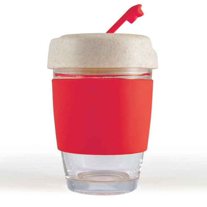 A reusable coffee cup with a clear base, a white lid, and a red silicone band and straw.