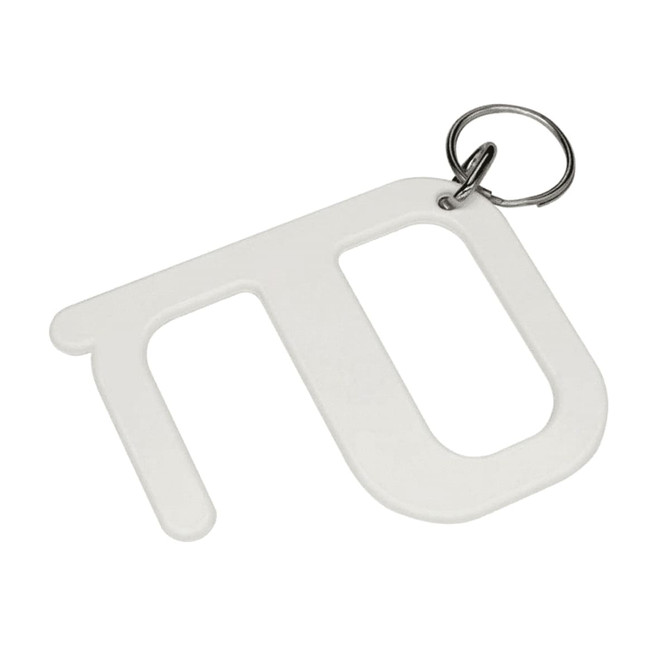 A white Hygiene Key with a keyring attachment, featuring a simple, functional design.