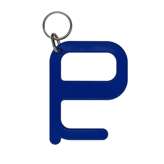 A blue Hygiene Key keyring with a loop for attachment and a distinctive letter 'P' shape. It includes a metal keyring.