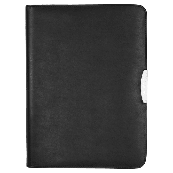 A black A4 zip compendium with a white closure, featuring a calculator and a logo.