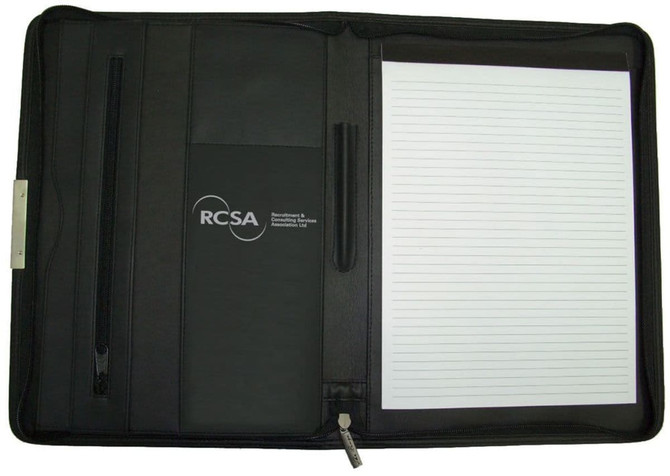 A black A4 zip compendium with an inner notepad, pockets, and a calculator. It features a logo.