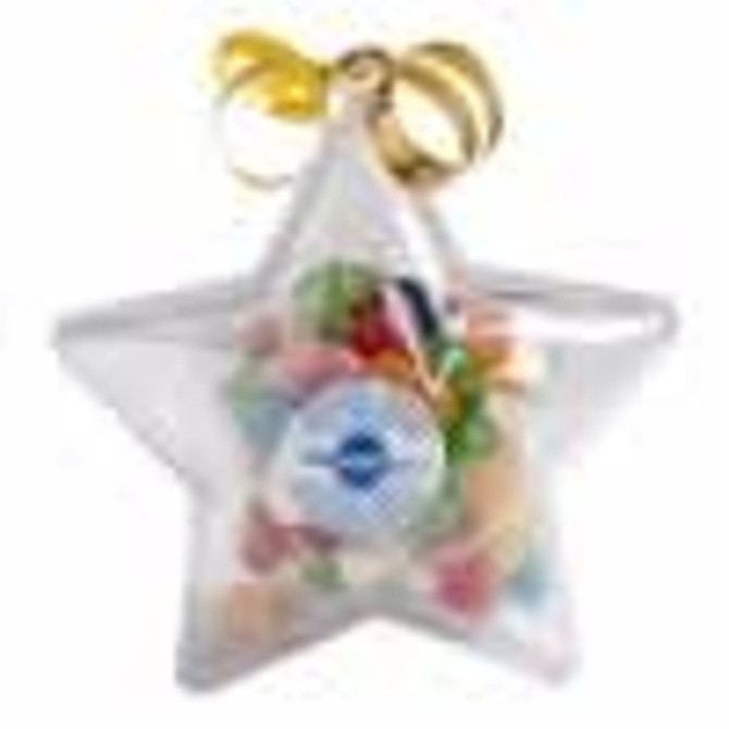 Acrylic star-shaped container filled with colourful jelly beans, featuring a sticker and a gold ribbon for decoration.