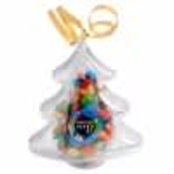 Acrylic Christmas tree filled with assorted M&Ms, featuring a gold ribbon and a branded sticker.