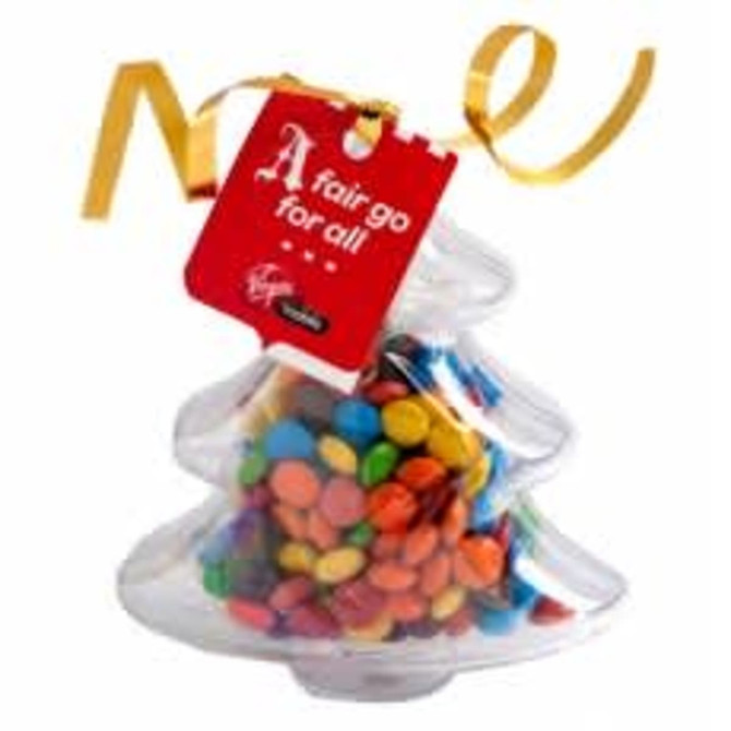 Acrylic tree container filled with colourful M&Ms, featuring a branded tag and a gold ribbon.