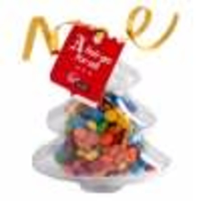 Acrylic tree filled with colourful M&Ms, accompanied by a tag. The tree is transparent with vibrant candy inside.