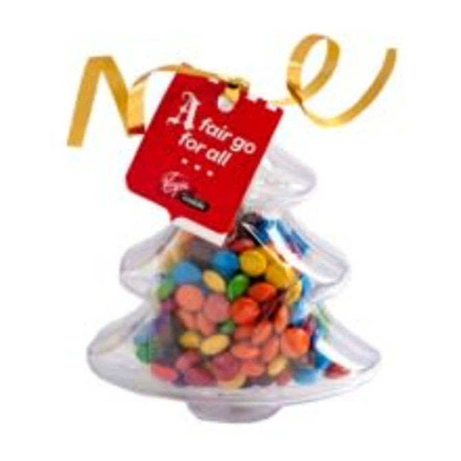 Acrylic tree-shaped container filled with colourful M&Ms, featuring a branded tag and a gold ribbon on top.