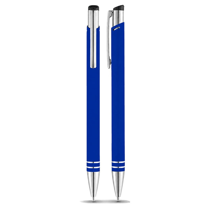 A set of blue ballpoint pens with silver accents and a clip, featuring a logo.