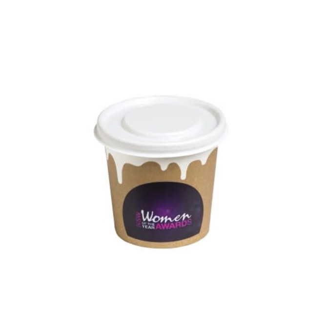 A coffee cup featuring a brown cardboard exterior and a white lid, adorned with a wrap-around sticker design.