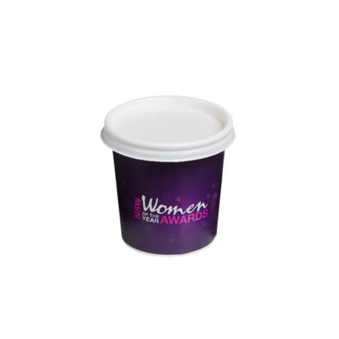 A coffee cup featuring a purple wraparound design and a white lid, designed for a promotional event.