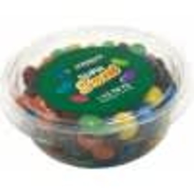 A clear tub filled with colourful M&Ms in various shades, featuring a round green lid with branding.