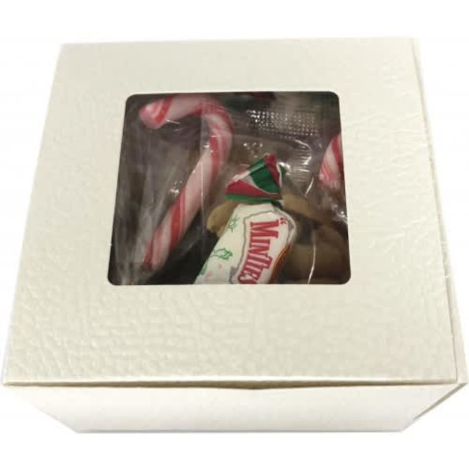 A small white Kraft gift box with a clear window, containing mixed lollies, including candy canes and chocolate treats.