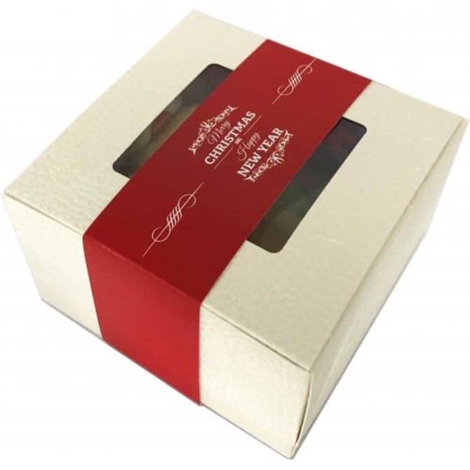 A small cream gift box with a red sleeve, featuring a window to view contents, suitable for Christmas treats.