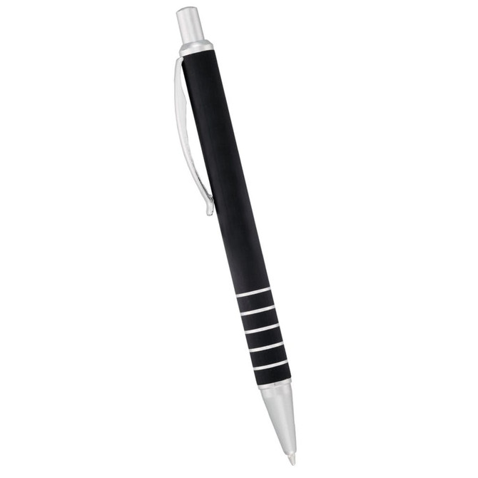 A sleek black ballpoint pen with silver accents and a branded logo on the barrel.