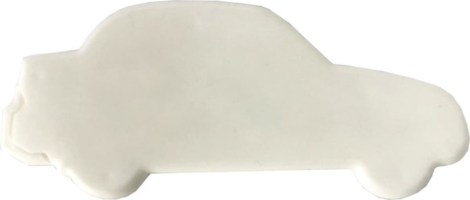 A car-shaped mint card in a white finish, featuring a branded logo.