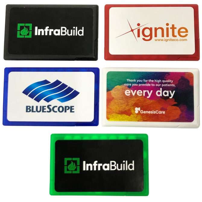 A collection of branded credit card-sized mint cards in black, red, blue, white, and green, featuring various logos.