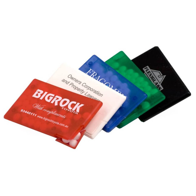 A selection of credit card-sized mint cards in red, white, green, blue, and black, featuring various colours and a branding logo.