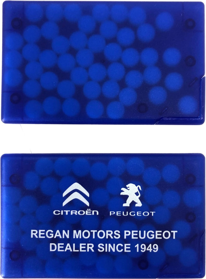 A blue credit card-shaped mint case featuring circular mints inside and a logo.