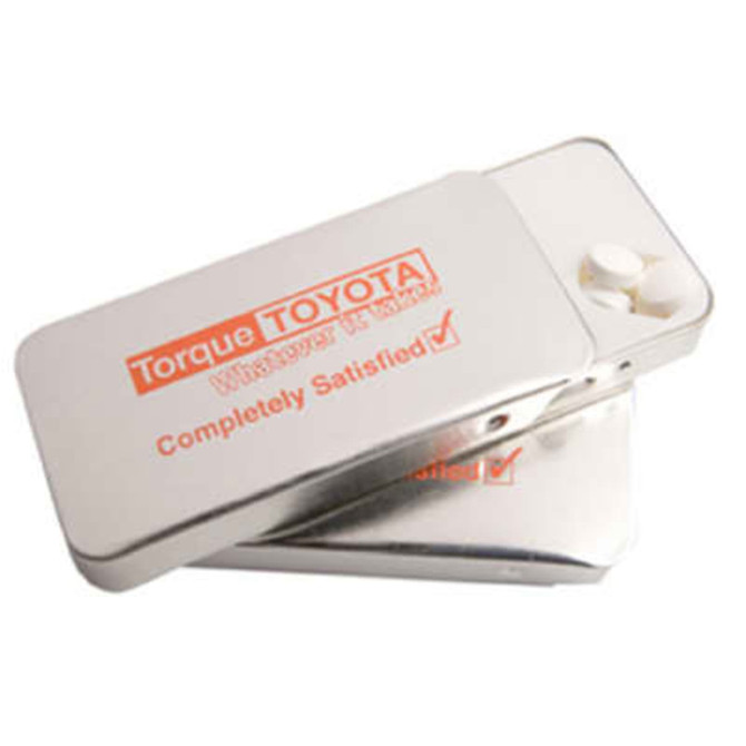 A silver branded tin containing mints, featuring a flip-top lid with two mint compartments.
