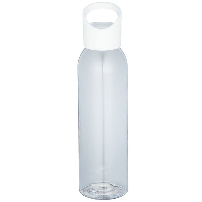A drink bottle made of clear Tritan material with a white lid and a handle. Features a logo on the body.