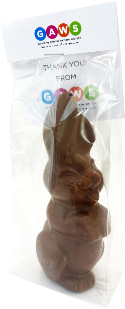 A chocolate Easter bunny in a clear package, featuring a header card and a logo. The bunny is brown.