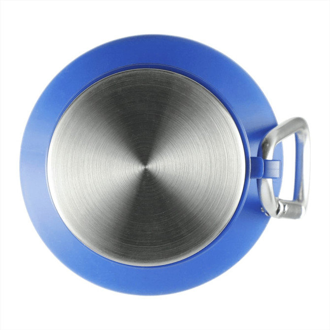 A drink bottle in blue with a stainless steel interior and a handle, featuring a logo on the exterior.