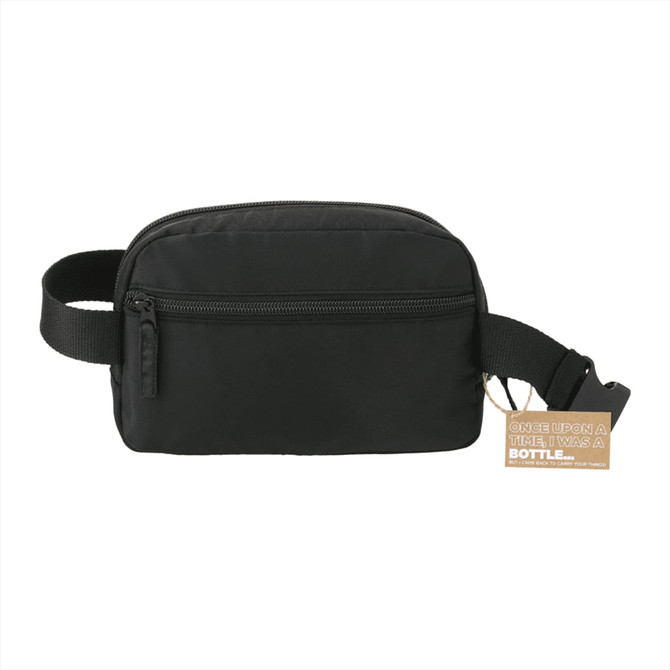 A black recycled sport fanny pack with a front zip pocket and an adjustable strap. It features a tag.
