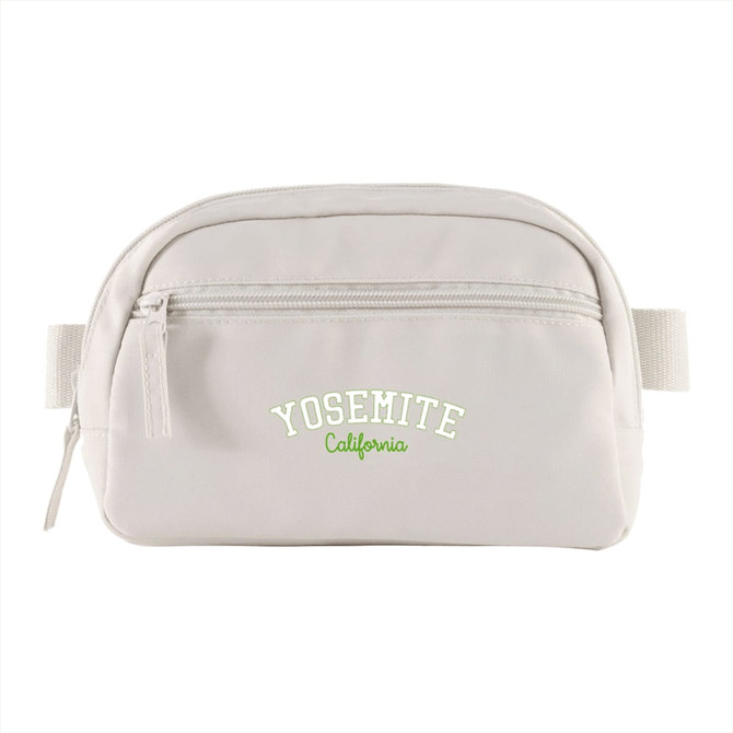 A light grey fanny pack with a front zip pocket and a logo featuring "Yosemite" in green text.