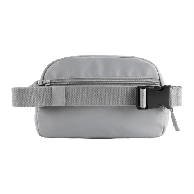 A grey recycled sport fanny pack with a zippered compartment and an adjustable strap featuring a buckle.