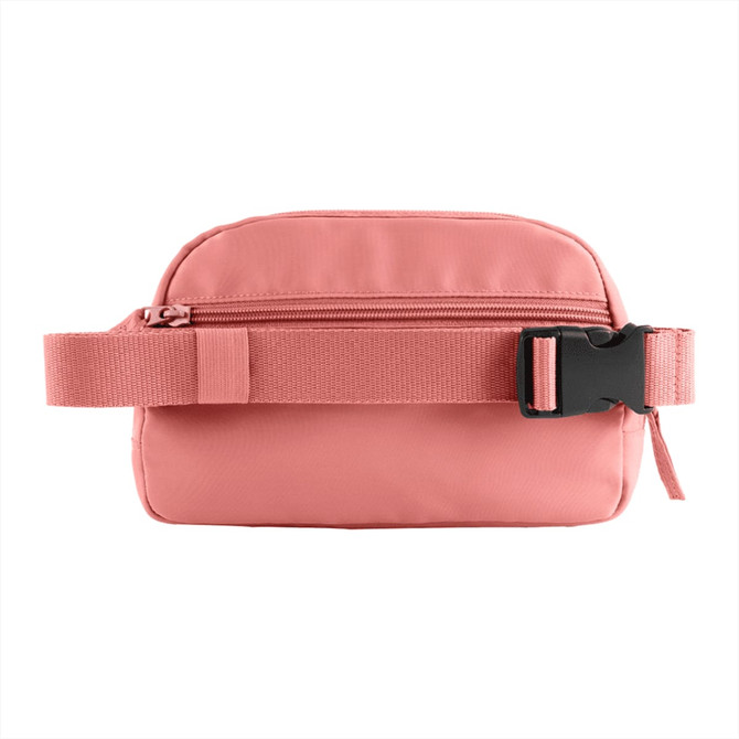 A pink recycled sport fanny pack with a zippered compartment and adjustable strap. It features a logo on the front.