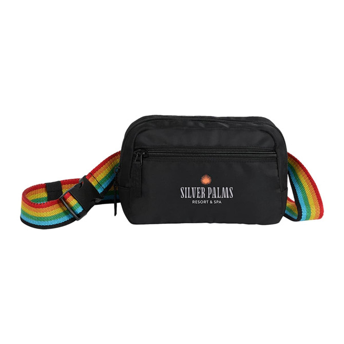 A black fanny pack with a rainbow-striped strap, featuring a logo on the front.