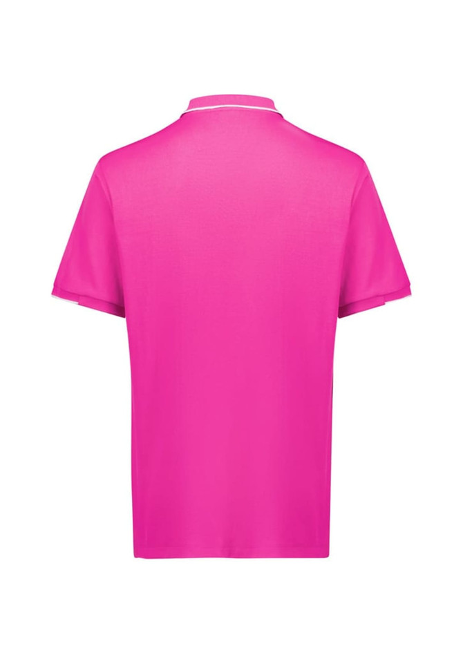A pink short sleeve polo shirt with a plain back and a collar, featuring a small logo.
