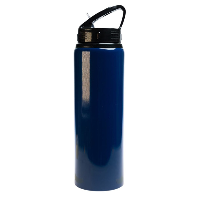 A drink bottle in a deep blue color features a flip straw lid and a black handle. It has a branding logo.