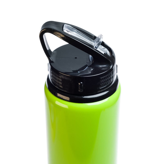 A drink bottle with a vibrant green body and a black flip straw lid, designed for easy sipping.