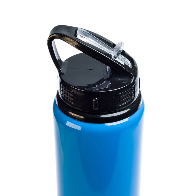 A drink bottle featuring a flip straw lid, designed for easy hydration, with a sleek blue exterior and a black top.