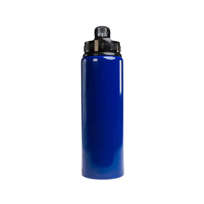 A drink bottle in a shiny blue finish with a black flip straw lid and a secured top. It features a logo.