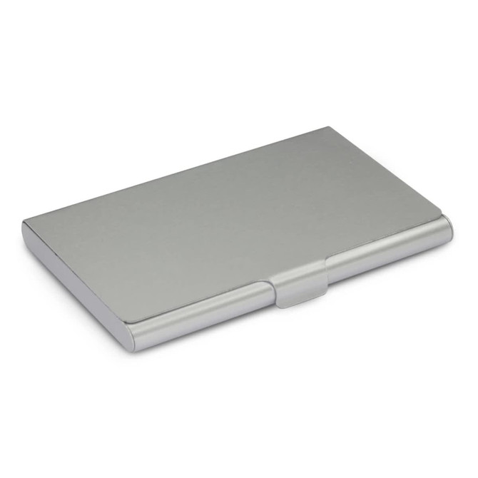 A silver aluminium business card case with a sleek design and a simple clasp. It features a logo on the surface.