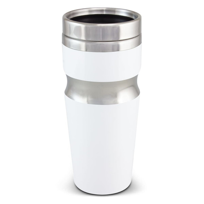 A drink bottle in white with a stainless steel band at the top and a metallic base, featuring a logo.