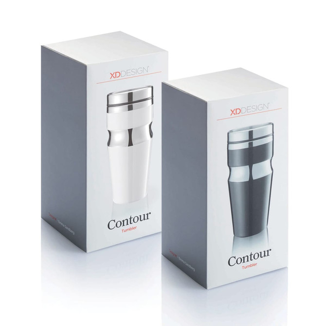 A drink bottle in white and black packaging, featuring a silver lid and a logo.