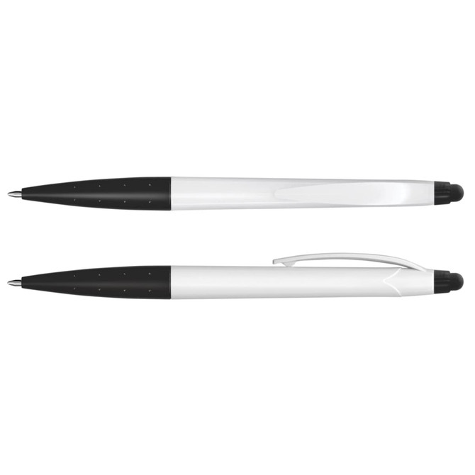 A stylus pen with a white barrel and black accents, featuring a logo on its side.