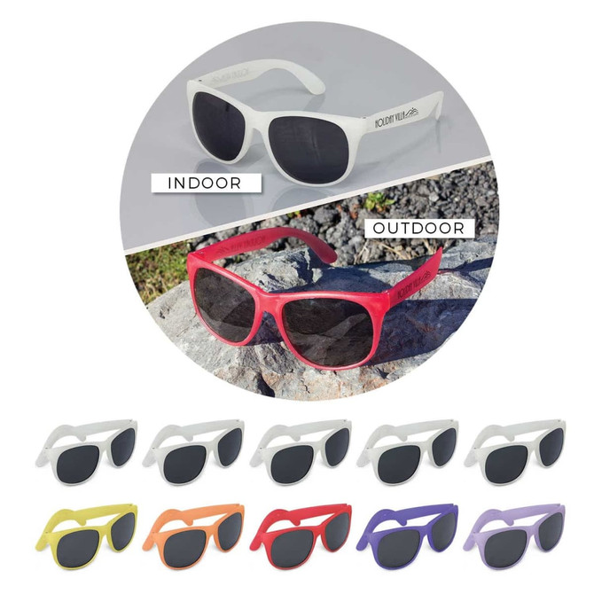 Malibu Basic Sunglasses in various colours including white, red, yellow, orange, and purple, with tinted lenses.