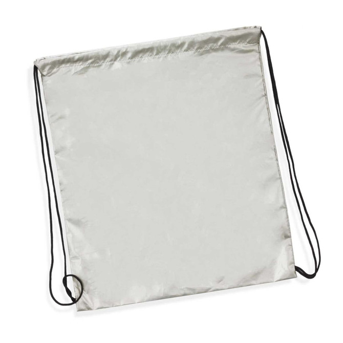 A silver drawstring backpack with black strings, featuring a simple design and minimal surface texture.