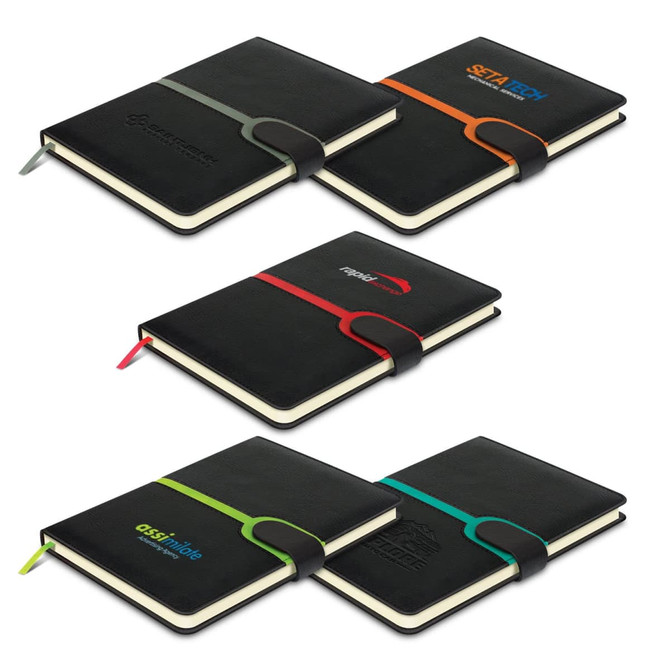 A collection of black notebooks featuring coloured elastic bands and a logo on the covers, with ribbon bookmarks.