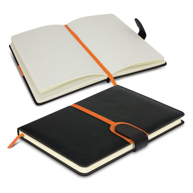 A black notebook with an orange band, featuring lined pages and a bookmark ribbon. It has a textured cover and a clasp.