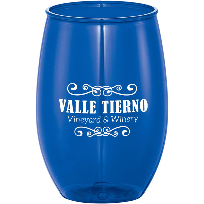 A stemless wine cup in blue with a branding logo and decorative text on the front.