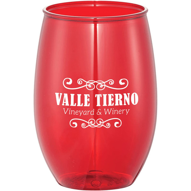 A red stemless wine cup made of plastic with a logo on the front. Suitable for serving beverages.