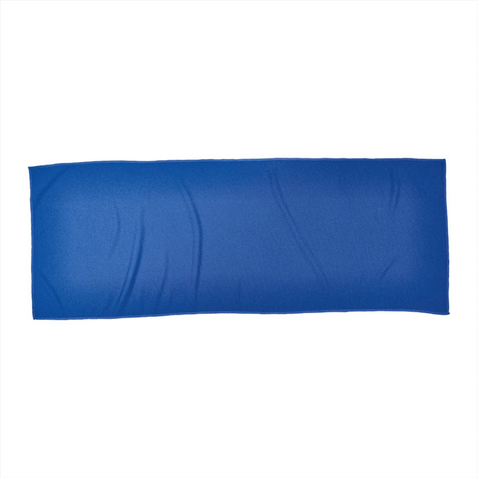 A cooling towel in a vibrant blue colour, featuring a smooth texture and a rectangular shape. The product includes a logo.